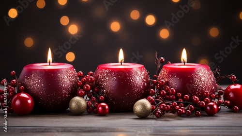 Wide horizontal luxury Christmas banner with red and gold candles and gifts