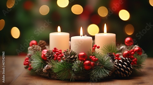 Advent Candle Burning on Festive Wreath  Traditional Christmas Decoration
