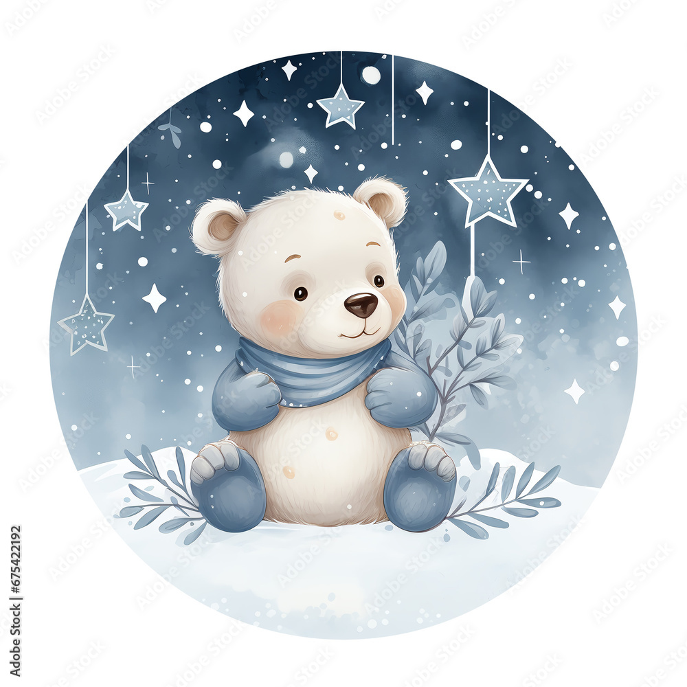 Christmas polar bear. Cute white bear in a scarf sitting on the snow surrounded by stars and snowflakes. AI generated.