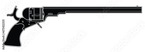 Vector illustration of the 1836 Colt Paterson revolver with cocked hammer and long barrel on the white background. Black. Right side.