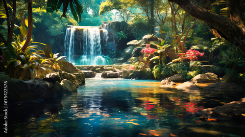 Secluded waterfall in a tropical forest with shimmering rainbows