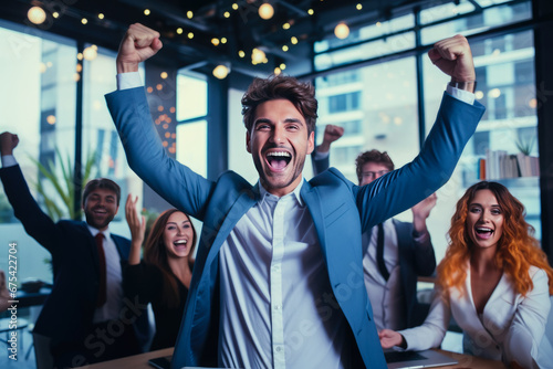 Portrait of overjoyed young diverse employees workers show thumb up recommend good quality company service. Smiling multiethnic colleagues celebrate shared business success or victory in office photo