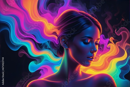 A colorful illustration of relaxed women with headphones hearing sounds hallucinations with vivid creative fantasy music smoke background. sound inspiration, emotions concept. auditory hallucinations. photo