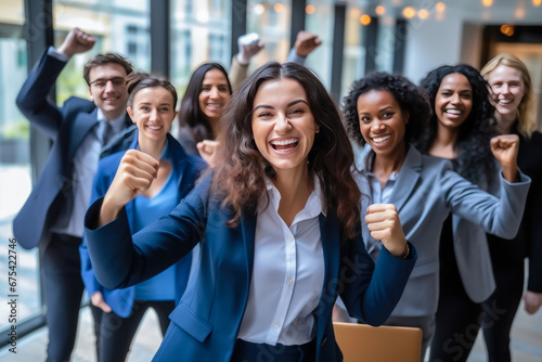 Portrait of overjoyed young diverse employees workers show thumb up recommend good quality company service. Smiling multiethnic colleagues celebrate shared business success or victory in office © Ai-Pixel