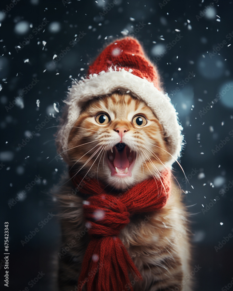 Cute baby cat in a winter forest on a winter day. Cool christmas cat in red santa hat. Cute baby cat in a winter forest on a winter day. Cool christmas cat in red santa hat.