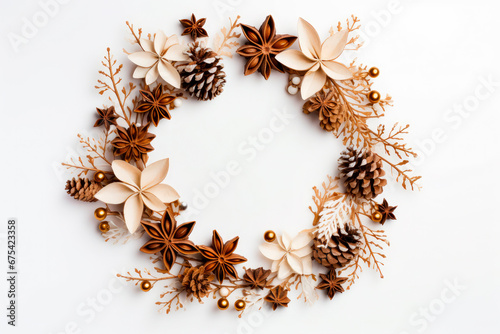 Christmas composition. Christmas wreath on white background