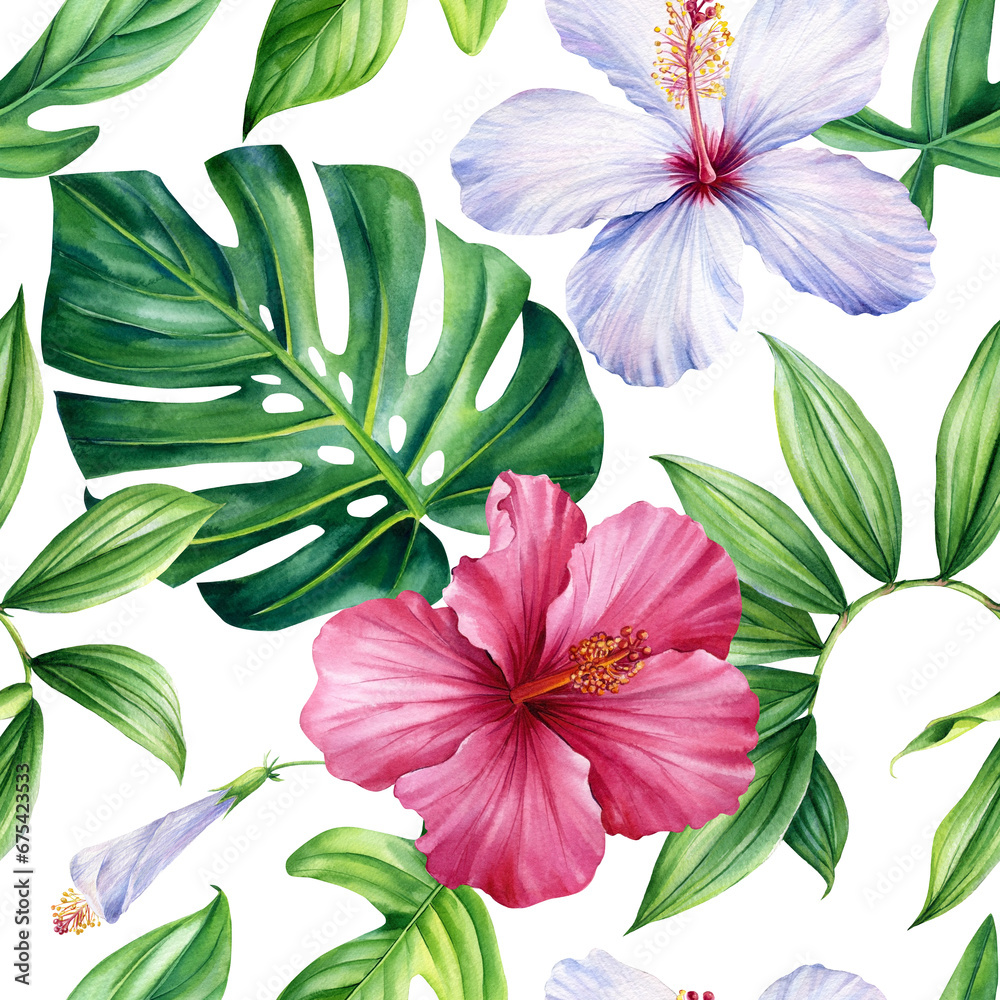 Obraz premium Tropical hibiscus flowers and Palm leaves on white background, Watercolor botanical plants. Seamless patterns.