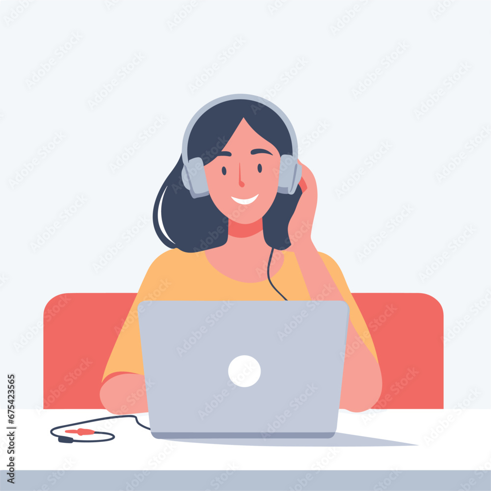 a woman listing song flat simple vector illustrations on white background a woman listing song flat simple vector illustrations on white background