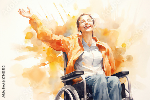 woman in the park. happy woman in glasses sitting in wheelchair widening arms on isolated white background. Illustration. 