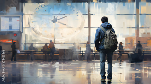 people waiting for train at the airport. Man waiting in airport terminal. Suitcase against arrival and departure board. Passenger. Travel, vacation concept.  photo