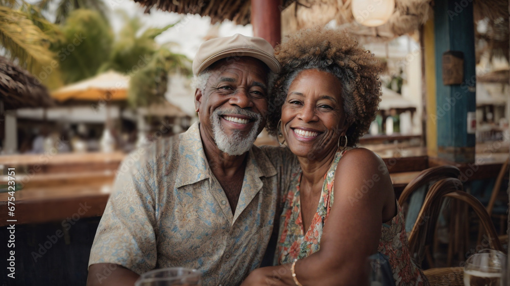 Obraz premium Portrait of mature black concept of enjoyment in old age smiling at an indoor restaurant on vacation, concept of enjoyment in old age. Space for text 