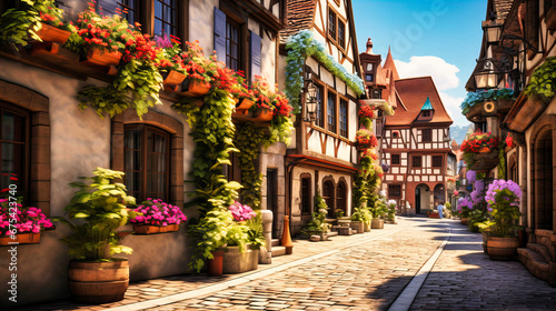 A quaint cobblestone street in a historic town  lined with charming old buildings and flowering window boxes.
