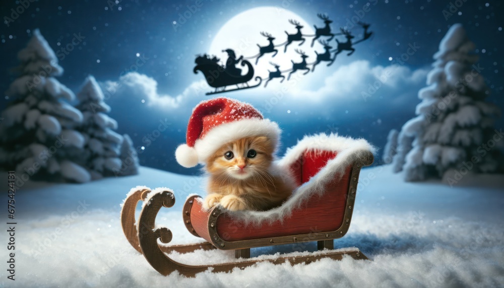 Tiny kitten with Santa hat in sleigh, clear Christmas Eve sky
 - obrazy, fototapety, plakaty 