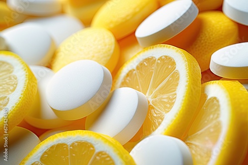 Lemon slices and Vitamin C tablets. Health concept. Ai Generative photo