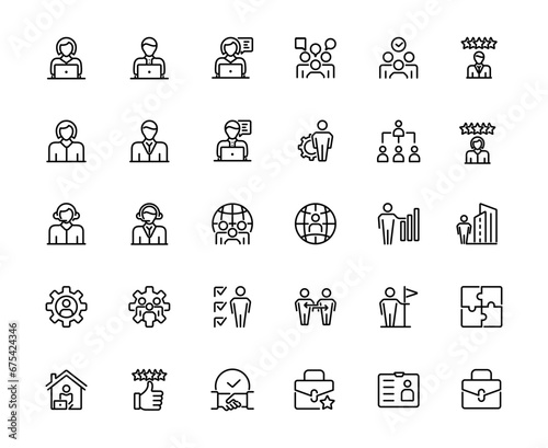 Teamwork and human resources icons. related team, teamwork, co-workers, cooperation. Linear busines simple symbol collection. vector illustration.