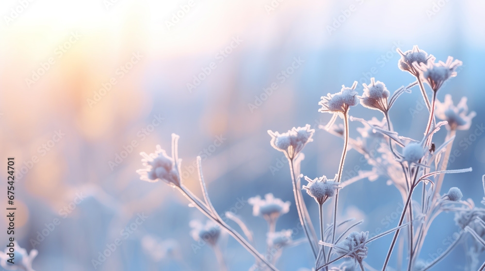 Frozen icy flowers in winter. Frost-covered wildflowers in winter field on the evening or morning. ai generative - obrazy, fototapety, plakaty 