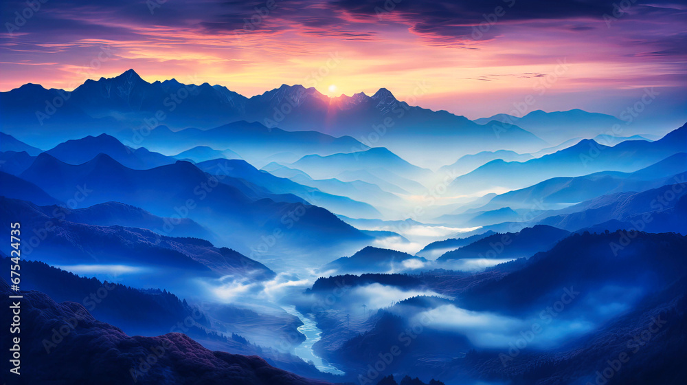 A misty mountain range under the first light of dawn, the peaks emerging from the clouds.
