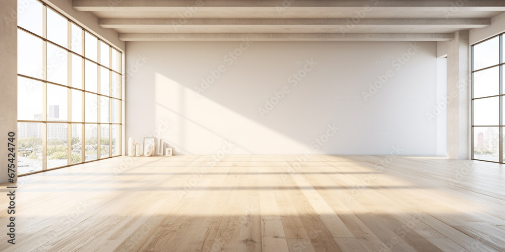 Explore this Scandinavian-inspired mock-up featuring, empty room with white wall, wooden floor, wooden flooring in 3D illustration. Ideal for interior design showcases. Generative AI. - obrazy, fototapety, plakaty 