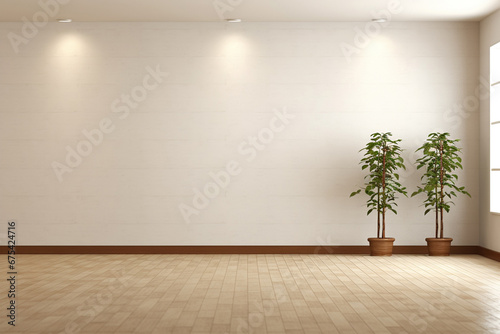 Minimalist living room interior with wooden flooring and stylish decor on a large wall, serving as a great backdrop for photography or design presentations. Generative AI. © Surachetsh