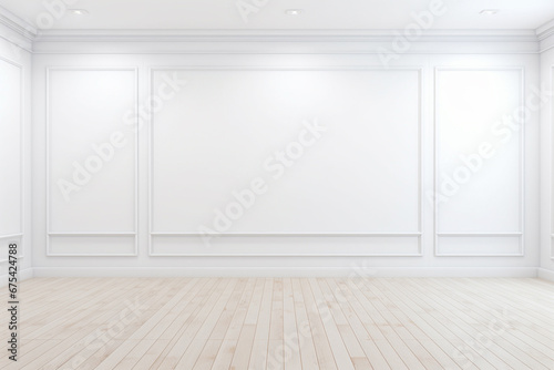 View of white empty room, a summer landscape 3D illustration epitomizes Scandinavian interior design, offering a sense of relaxation and calmness. Ideal for showcasing interior concepts. Generative AI