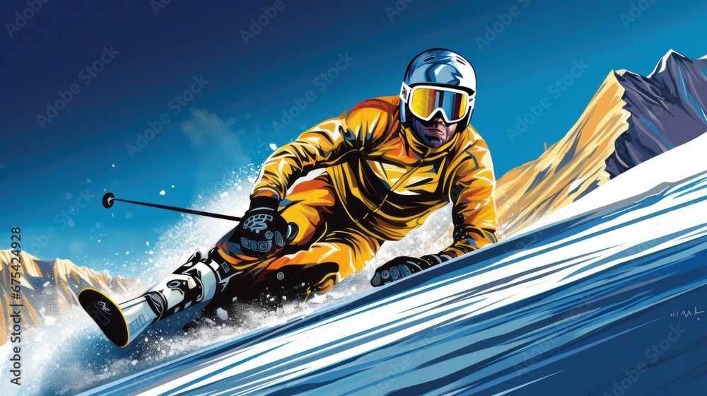 Futuristic athlete of the space skiing in alpine skiing, mountains in the background, winter olympics, blue and gold - obrazy, fototapety, plakaty 