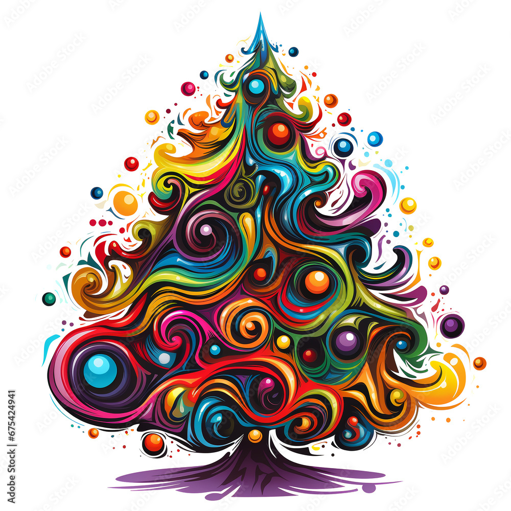 Christmas New Year Tree Stickers. Christmas colorful tree decorated with Christmas decorations. AI generated