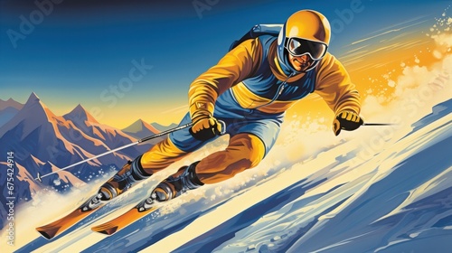 Futuristic athlete of the space skiing in alpine skiing, mountains in the background, winter olympics, blue and gold