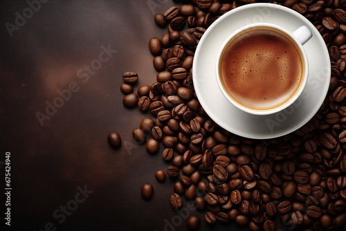 Coffee  delicious hot drink in a white cup with coffee beans  promo banner for advertising with copy space. Generative AI