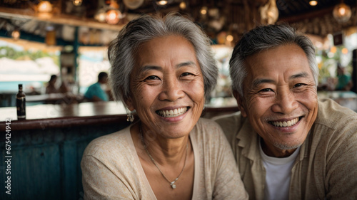 portrait of a mature asian couple smiling in a restaurant outside on vacation, taking a selfie, concept of enjoyment in old age, space for text