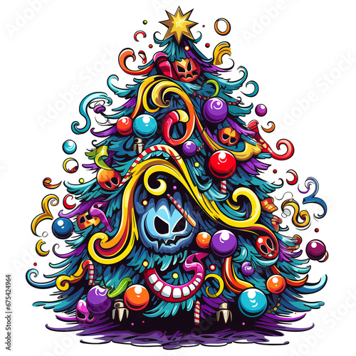 Christmas New Year Tree Stickers. Christmas colorful tree decorated with Christmas decorations. AI generated