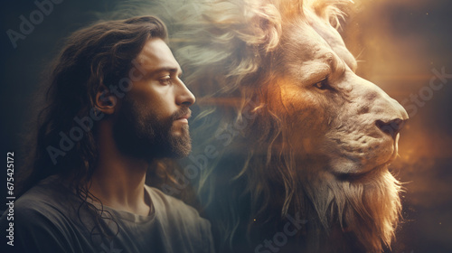 Lord Jesus Christ and the Lion King. ai generative photo
