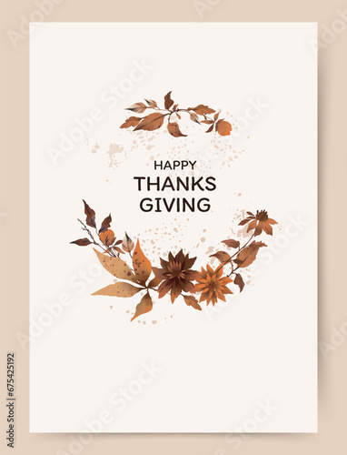 Thanksgiving Day card template with autumn watercolor foliage and flowers in warm brown tones. Vector illustration for greeting card, wedding invitation, poster, flyer, cover, banner, social media