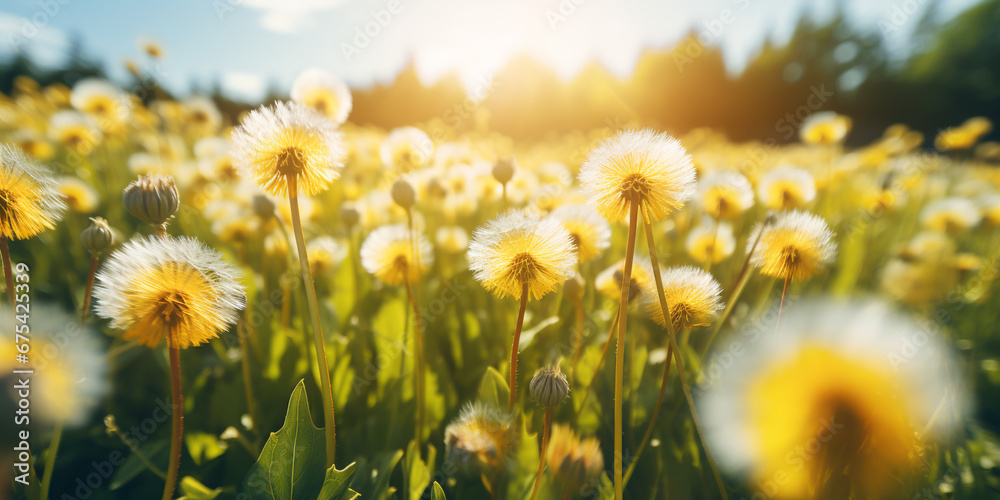 Obraz premium dandelions growing on the background of a green meadow. generative artificial intelligence