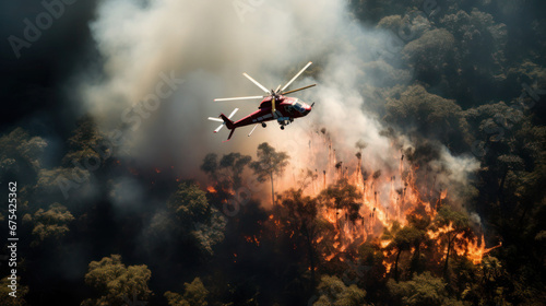 Forest firefighting, helicopter unloads extinguishing agent over a forest fire: A battle from the air
