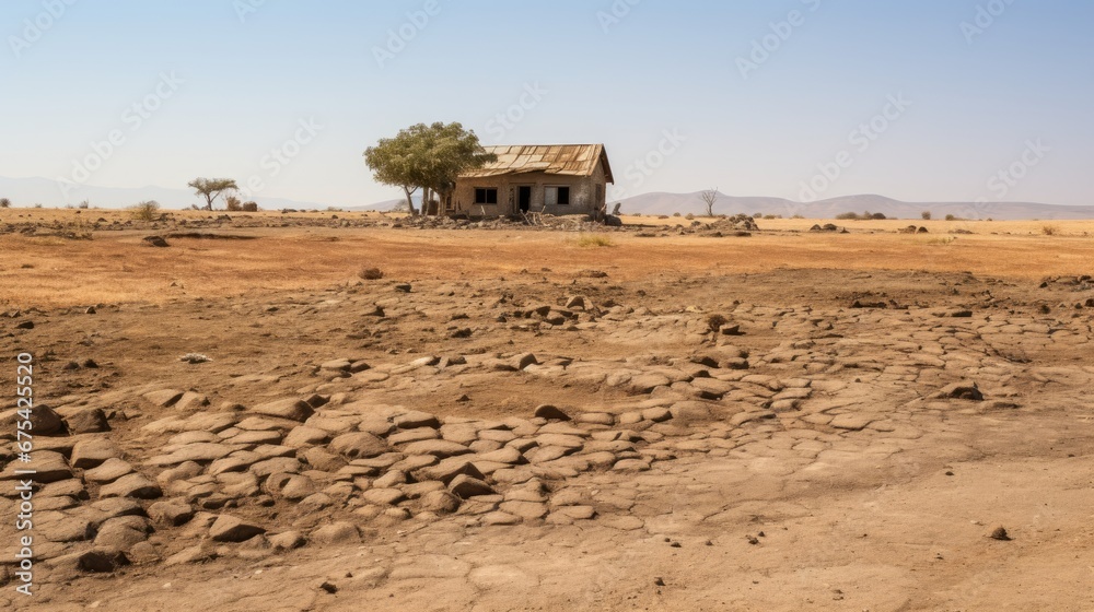 Landscape of an old dilapidated house standing in the middle of a barren land. Landscape of an old dilapidated house standing in the middle of a barren land.