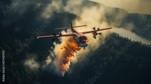 Using counterfire: a method of fighting forest fires. Firefighting aircraft in action against a devastating forest fire at dusk.