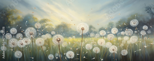 dandelions growing on the background of a green meadow. generative artificial intelligence