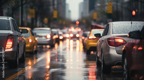 Rush hour cars are stuck in a traffic jam on a city street on a rainy morning. ai generative