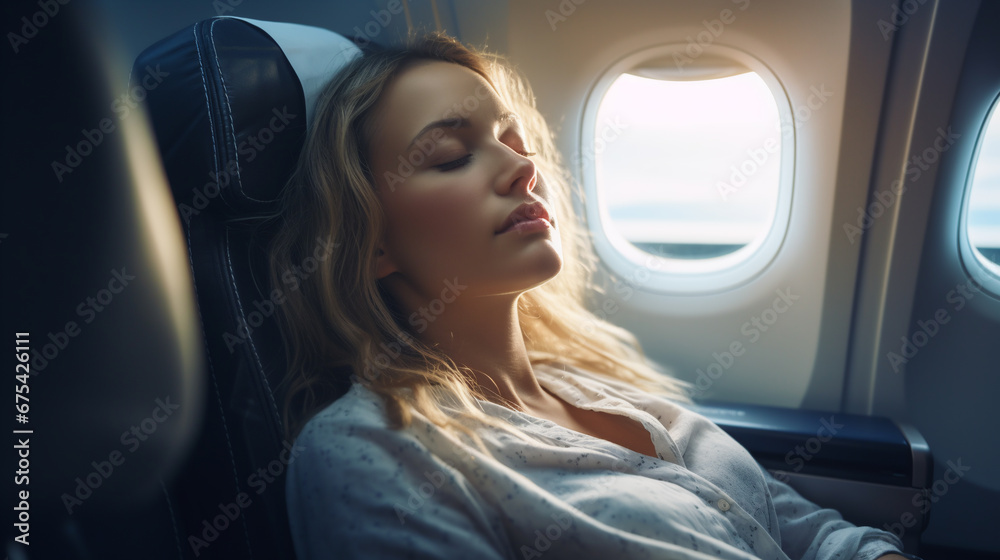 Beautiful young woman sleeping on her seat in first class on a airplane, relaxed traveling. ai generative
