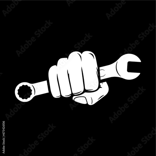 hand holding a wrench, tools icon cartoon vector illustration