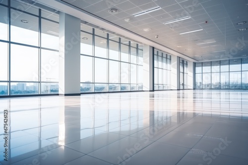 Empty Modern Office Space Blurred Background Contemporary Glass Building Interior