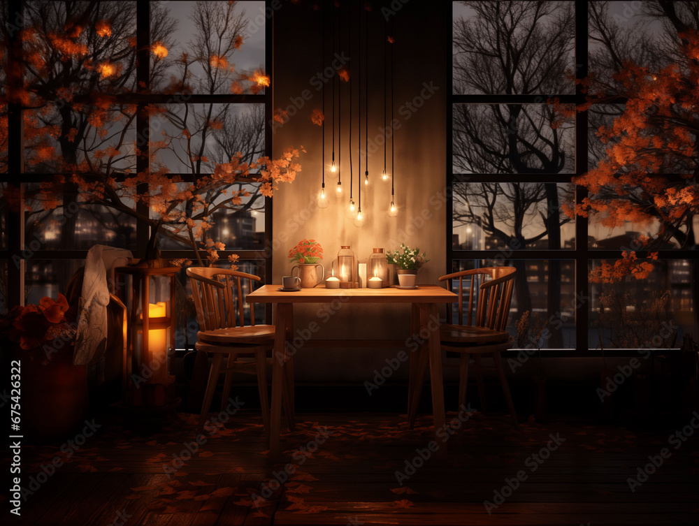 A wooden table with chairs and candles in a coffee shop with Christmas decoration A wooden table with chairs and candles in a coffee shop with Christmas decoration