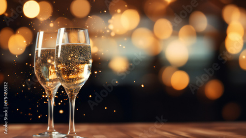 Two glasses of wine, champagne with bokeh background close up. New Year, Christmas mood. Greeting card. holiday celebration concept