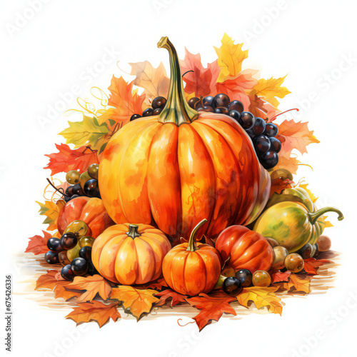 Happy Thanksgiving cartoon watercolour image. pumpkins  autumn leaves  isolated on white background.