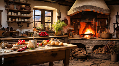 A rustic farmhouse kitchen filled with the scent of apple pie and the sound of crackling fire. photo