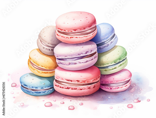 Watercolor paslel  multicolored illustration of sweet macaroons on white photo