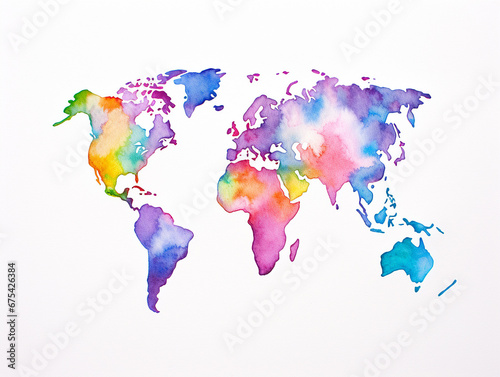 Illustration of colored watercolor world map on white background