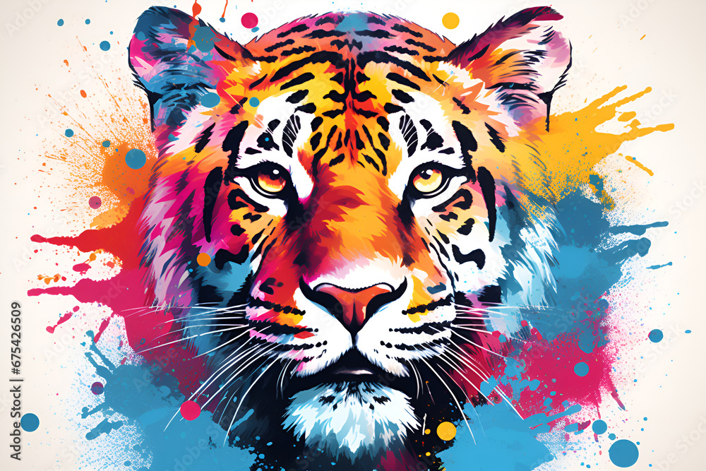 Tiger on white screen with colorful spots