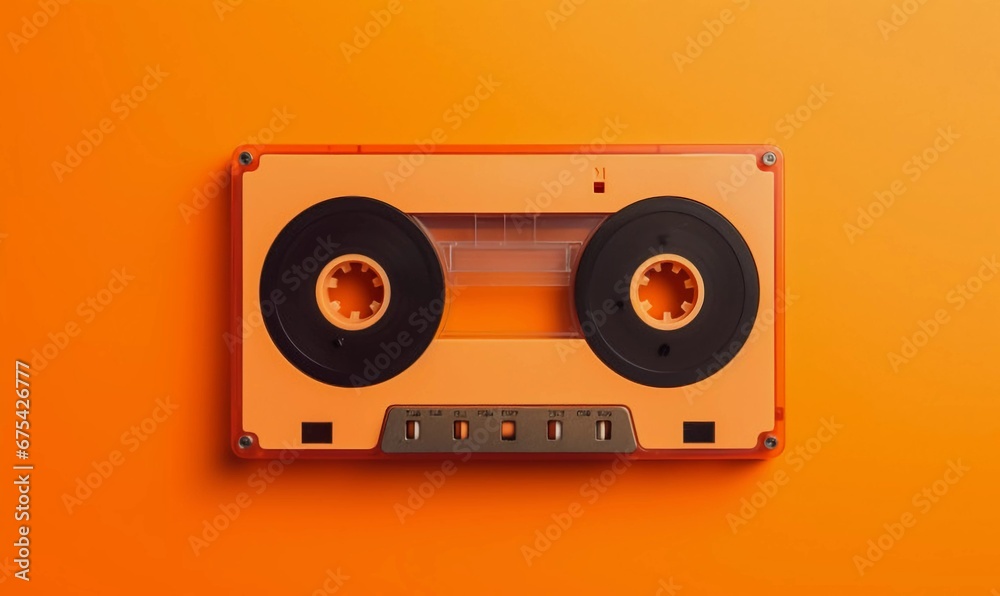 Naklejka premium Vintage audio compact cassette with heart on orange background , AI generator