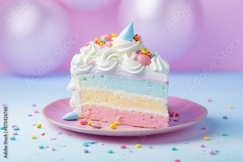 a piece of birthday cake with rainbow filling. ai generative